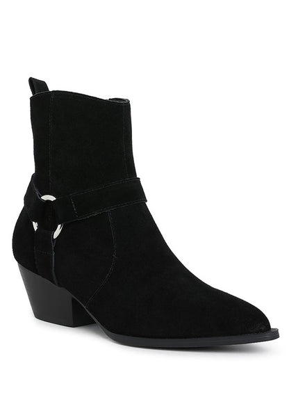 Jockey Harness Ankle Boots black suede front angle with pointed toe and harness strap