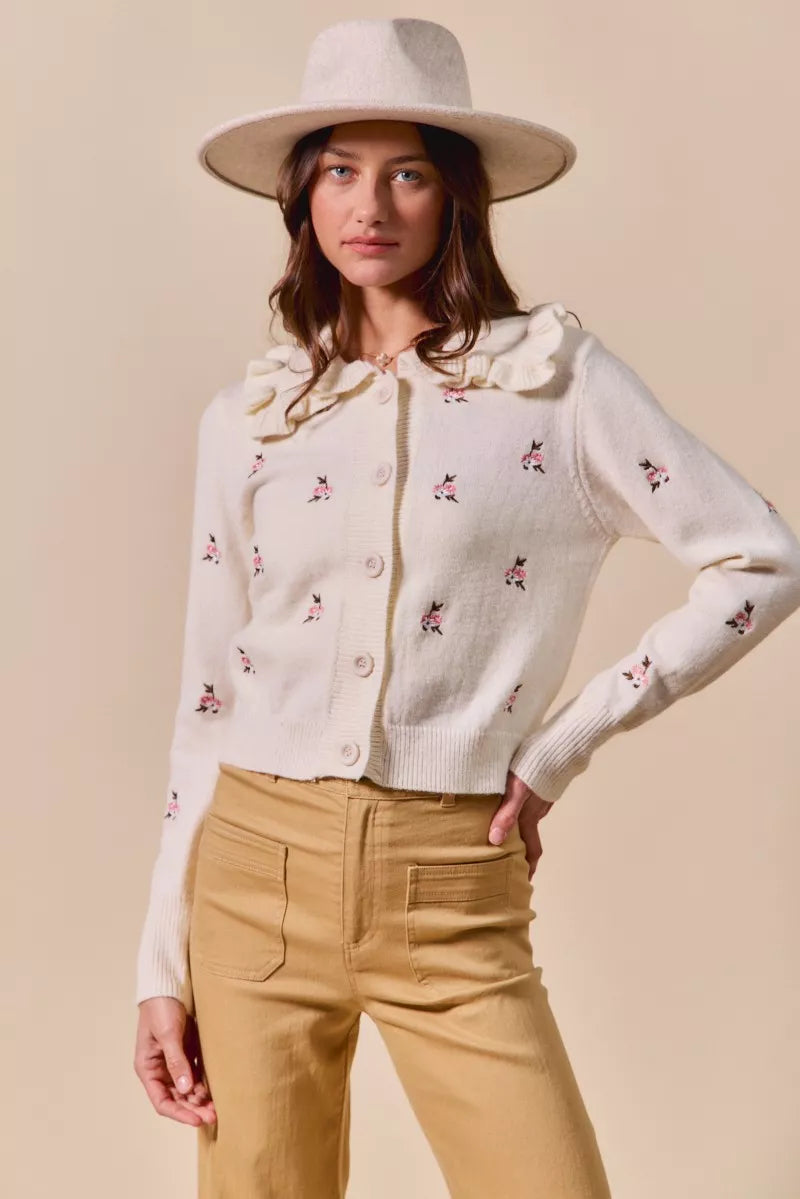 Billie Floral Sweater Cardigan cream front view highlighting button down design and floral embroidery