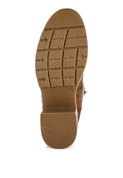 Bottom view of Brown Tigris Microfiber Zipper Boots showing durable TPR sole and block heel.