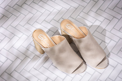Helena Ice Suede Heeled Sandals - Light Gray, Raffia Heel