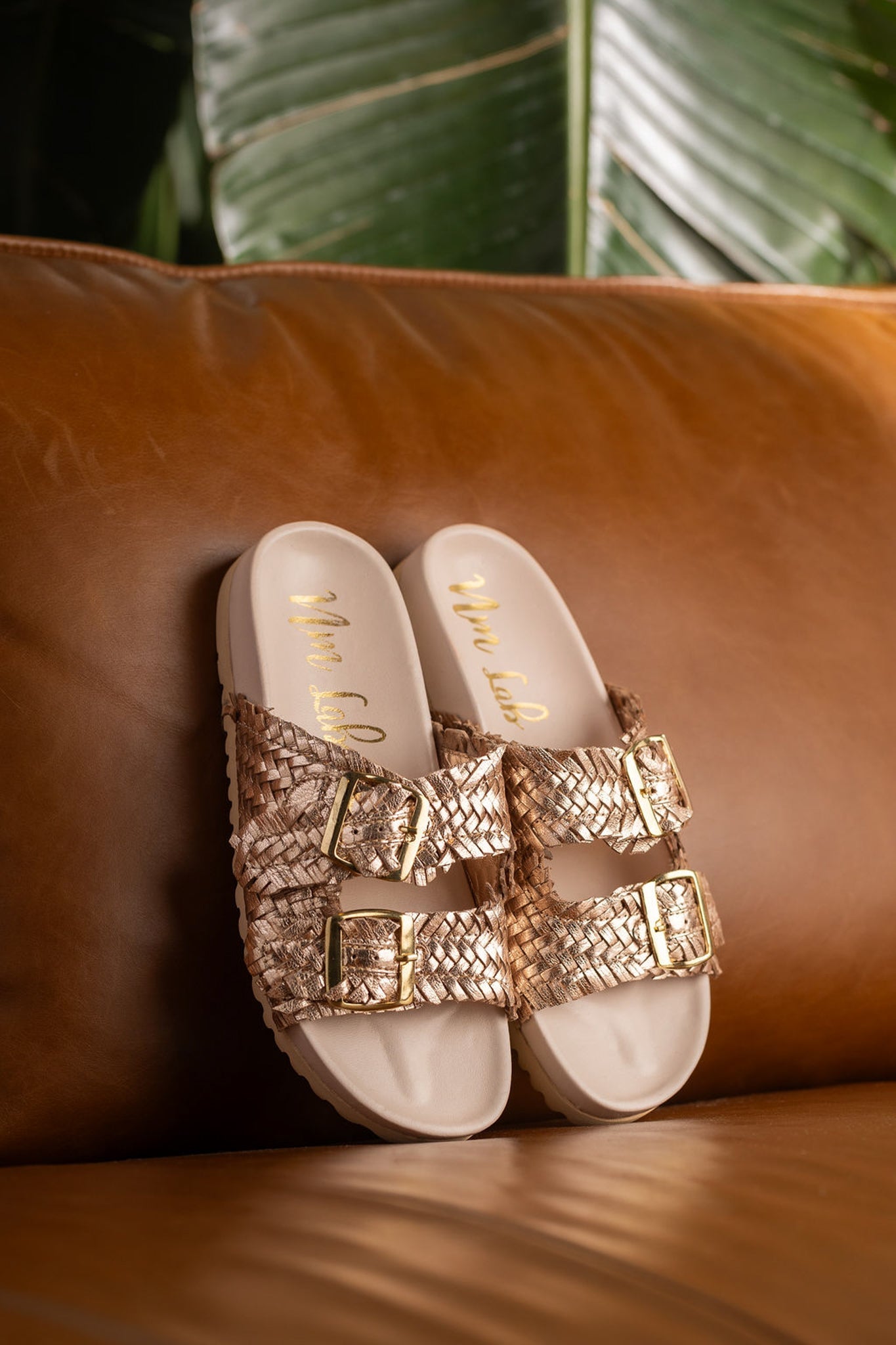 Karina Intertwine Dual Woven Strap Slide in Champagne