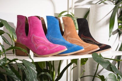Journee Suede Ankle Boots - Blue, Western Stitching, Cutout Design