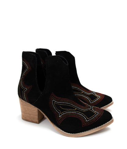 Journee Black Suede Ankle Boots with suede texture, cutout detail, and pointed toe design.