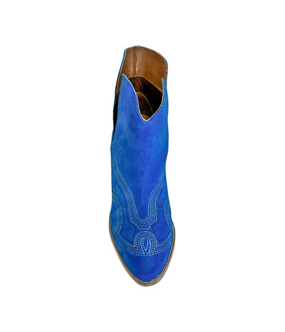 Journee Blue Suede Ankle Boots displaying cutout ankle design and suede finish from above.