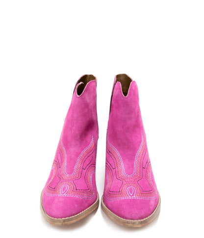 Journee Suede Ankle Boots in magenta featuring western stitching and sleek suede texture.