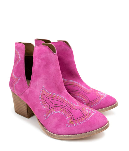 Journee Suede Ankle Boots - Magenta, Western Stitching, Cutout Design