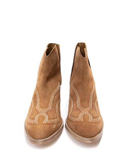 Journee Suede Ankle Boots - Tan, Western Stitching, Cutout Design