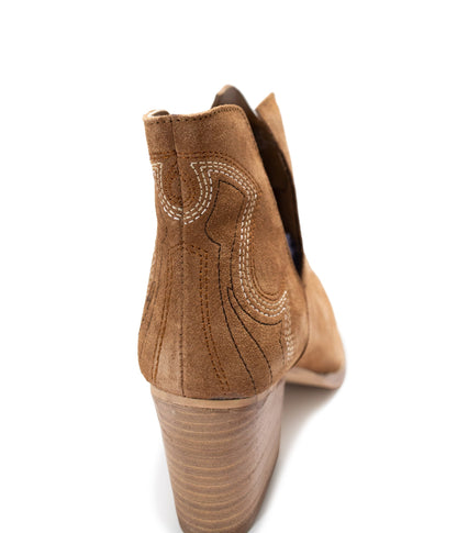 Back view of Journee Tan Suede Ankle Boots with stacked 3-inch heel and smooth suede finish.