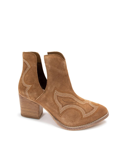 Side profile of Journee Tan Suede Ankle Boots with western stitch detail and ankle cutout.