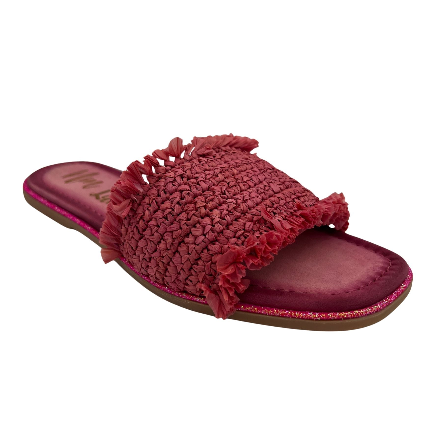 Juana Pink Woven Sandals showing woven texture and glitter-trimmed leather footbed.