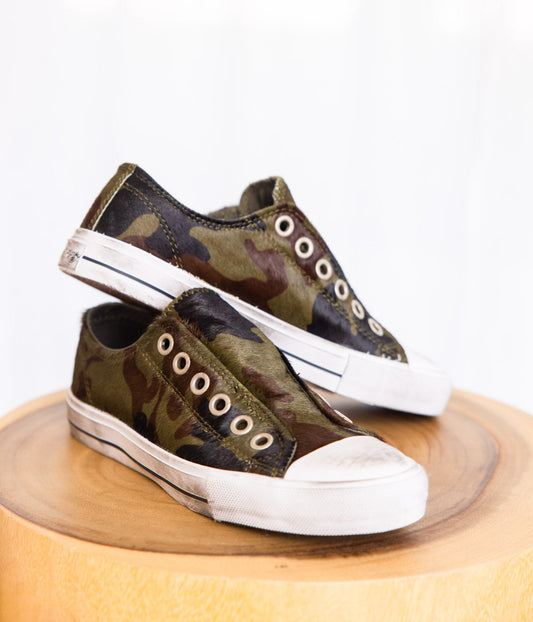 Pair of Shalomar Camo Sneakers with genuine cowhide uppers, camo print, and distressed white soles