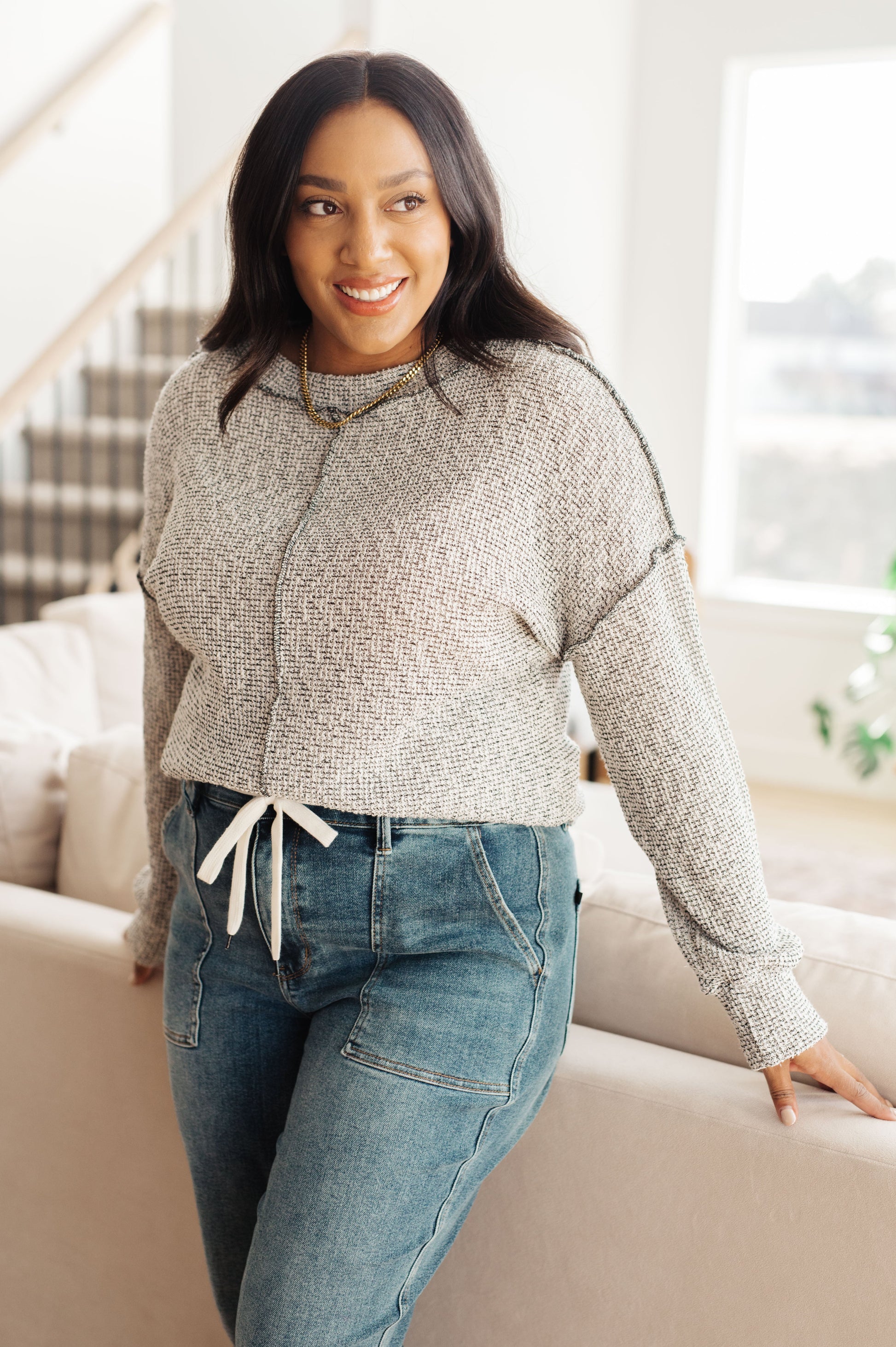 Jada Waffle Knit Pullover Plus front view showing slim fit and dropped shoulder design