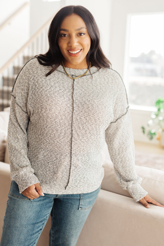Jada Waffle Knit Pullover Plus front view in light gray waffle knit with exposed seams
