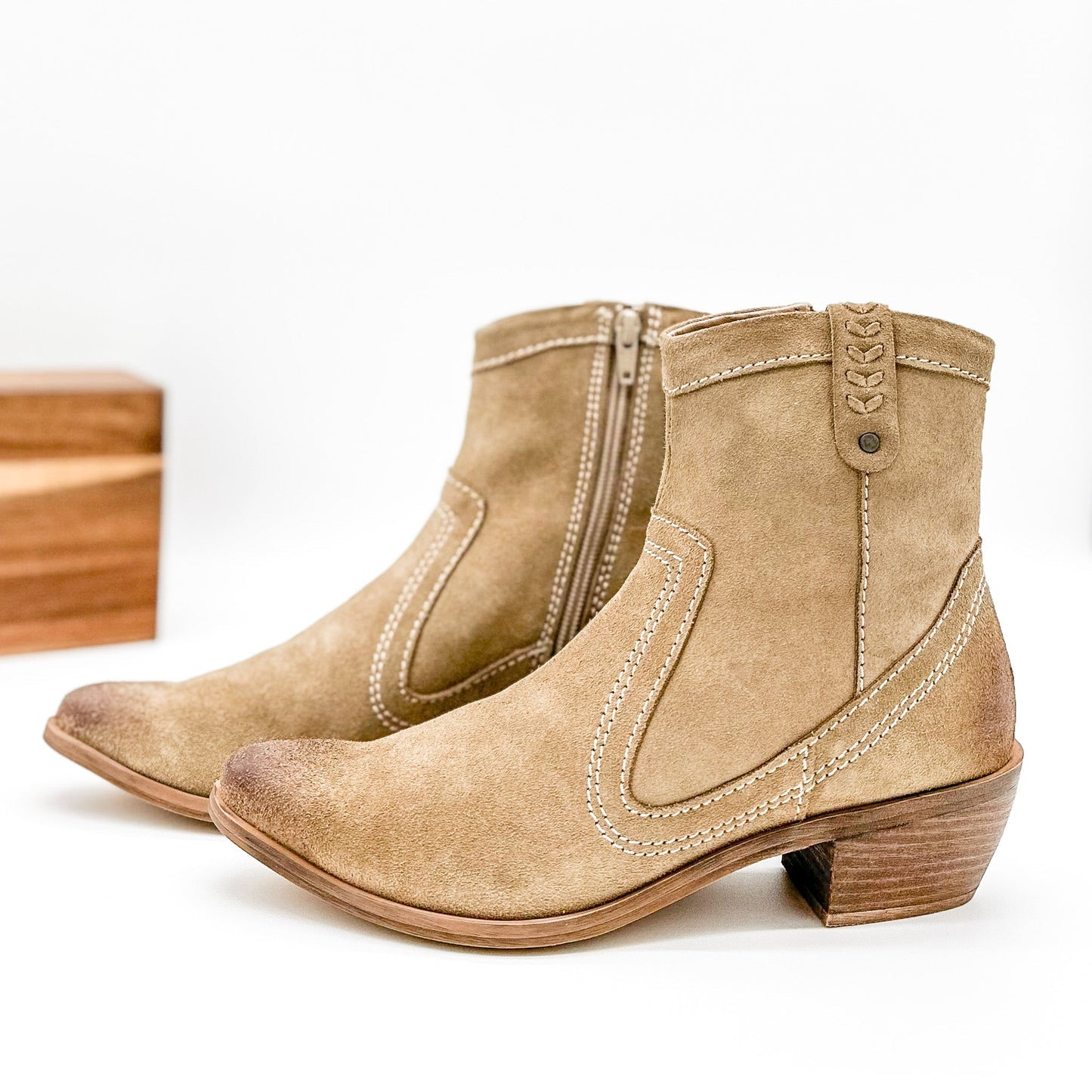 Smith Suede Ankle Boot in Tan with a soft suede finish and inside zipper.