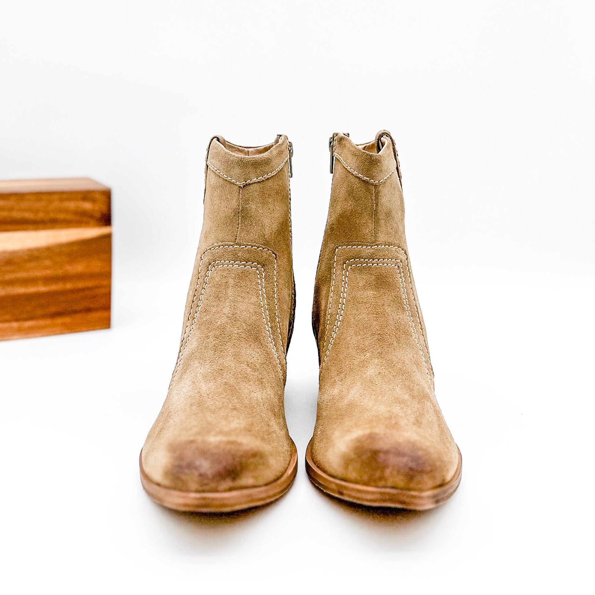 Smith Suede Ankle Boot in Tan with a soft suede finish and inside zipper.