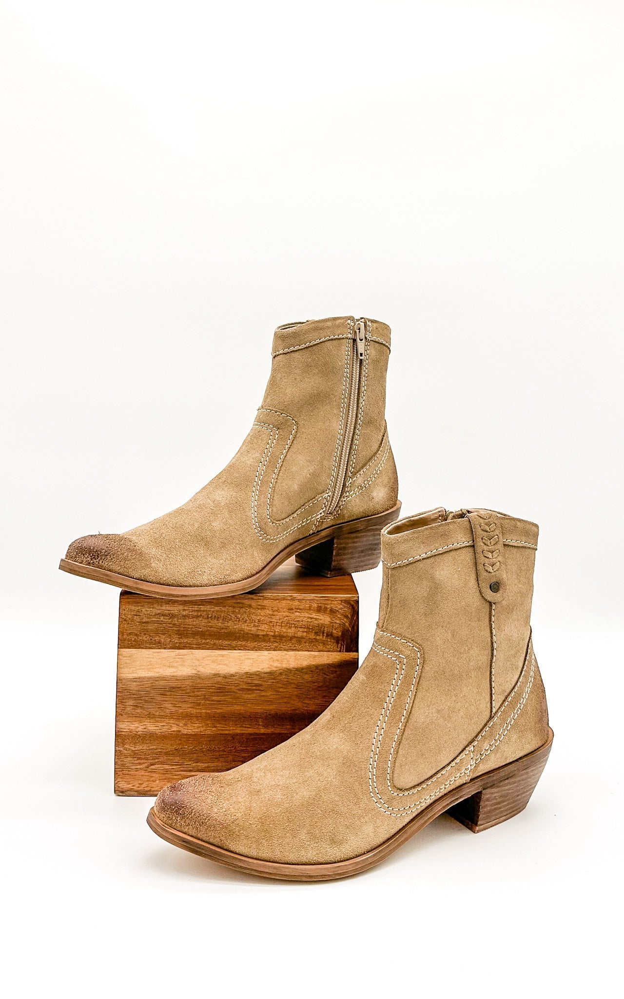 Smith Suede Ankle Boot in Tan with a soft suede finish and inside zipper.