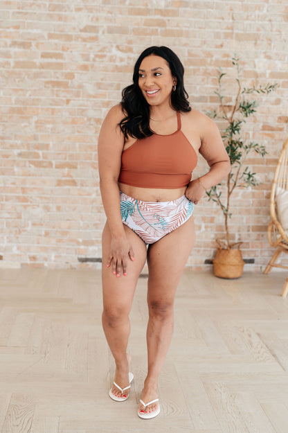 Brown Bora Bora Halter Bikini Top with a secure halter tie, removable cups, and mesh lining for a flattering and comfortable beach look.