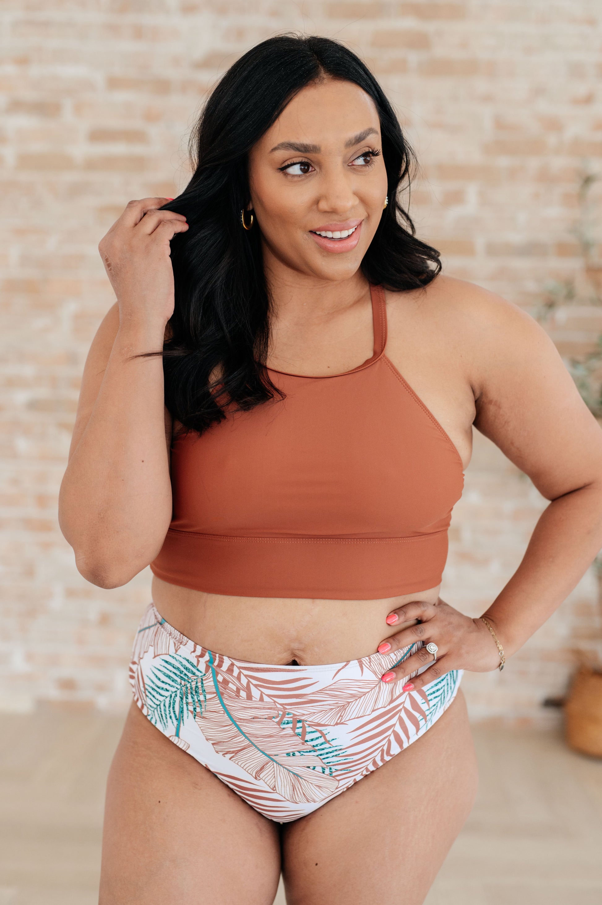 Halter-style Bora Bora Swim Top in brown with a flattering fit, removable cups, and a soft mesh liner for all-day beach comfort.