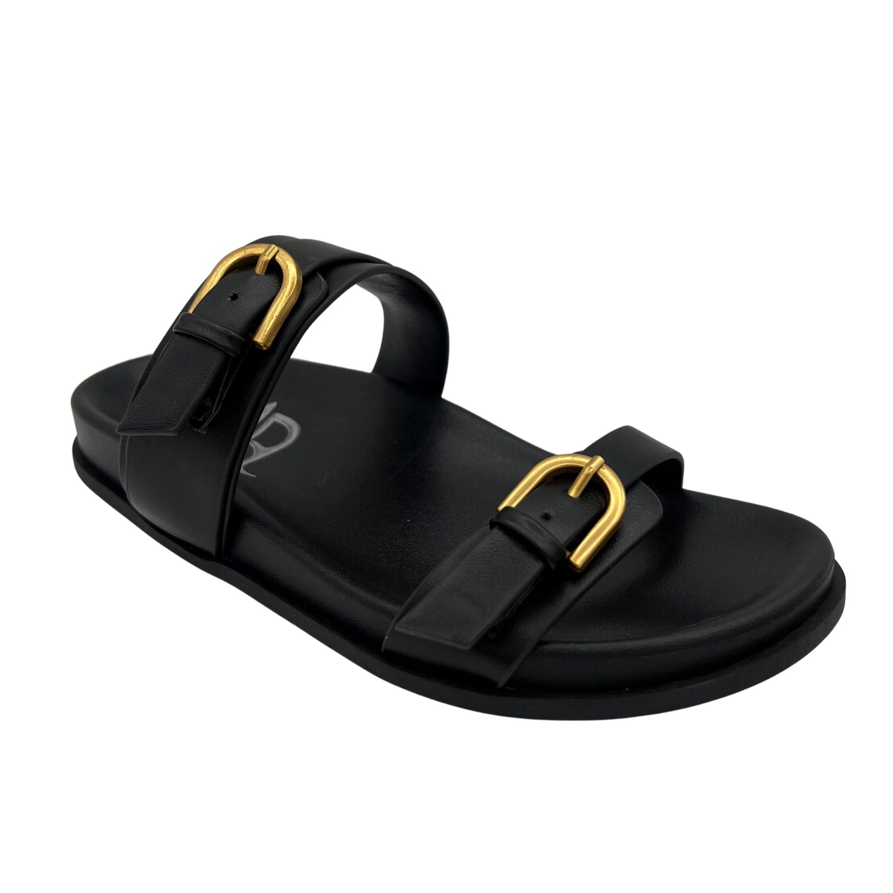 Tess Double Strap Sandal front angle in black, showing gold buckle details and slip-on design