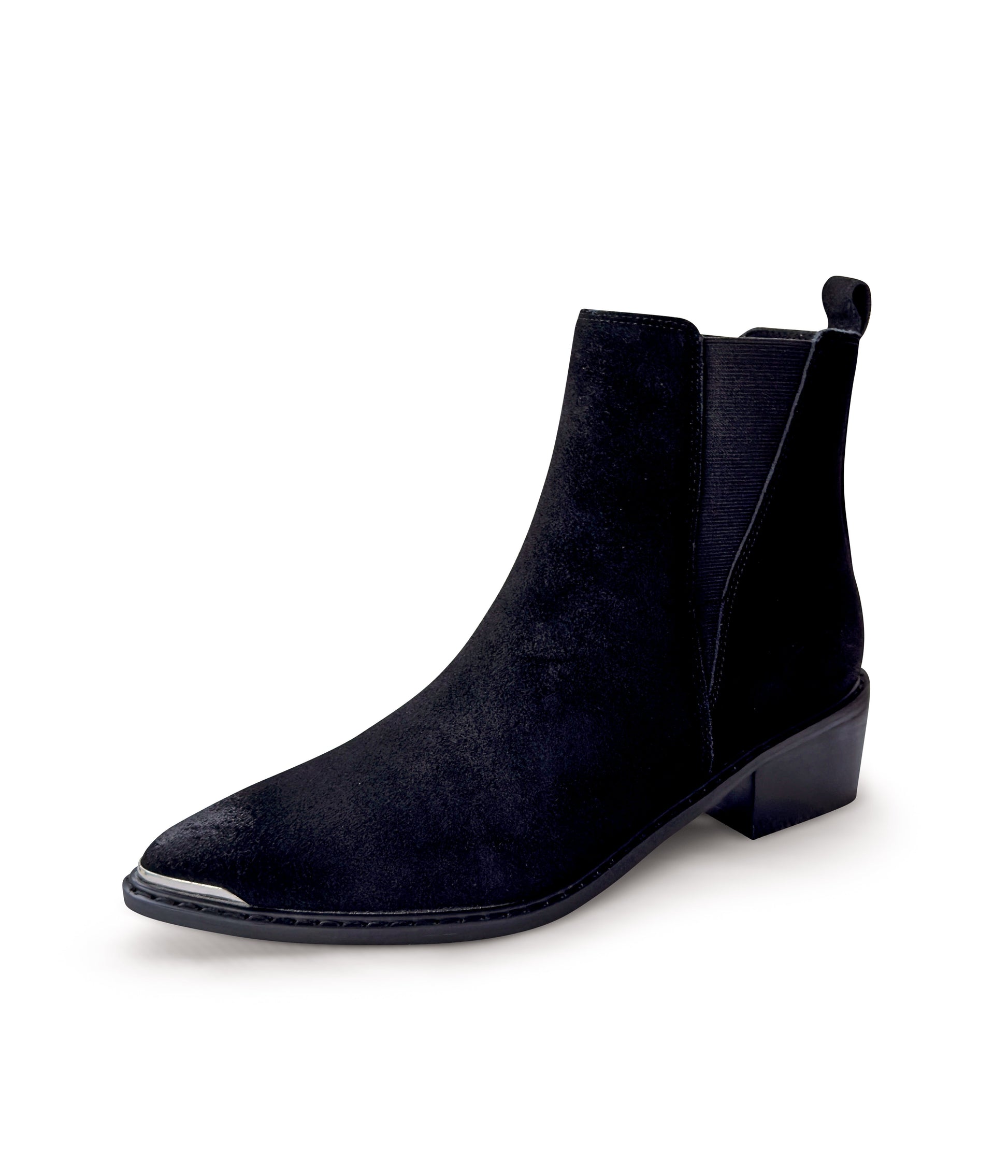 Women's black ankle booties made of genuine suede with a leather lining, featuring a slight pointed toe with a silver accent, 1.5-inch heel, pull-on style with elastic side panels and a pull tab. 