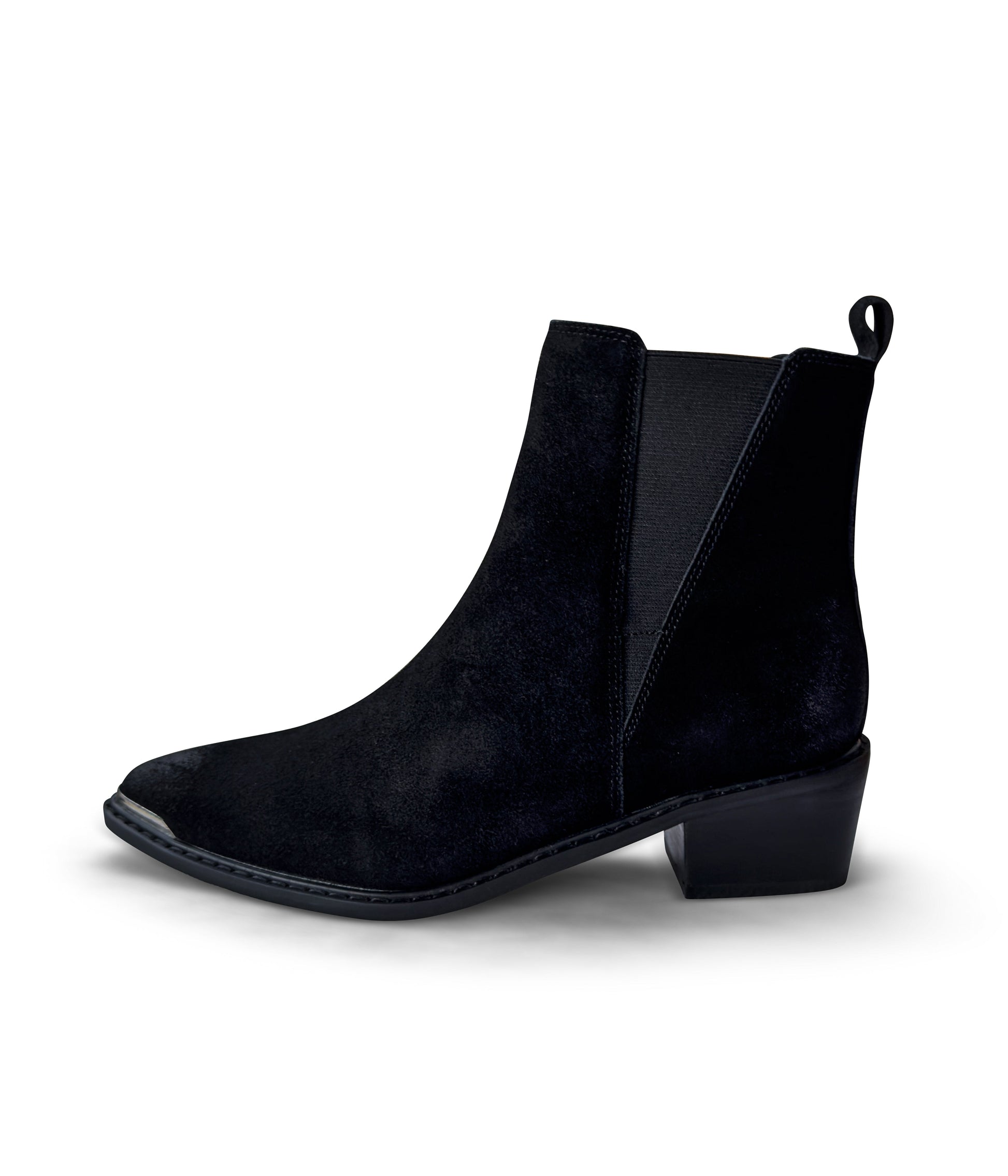 Women's black ankle booties made of genuine suede with a leather lining, featuring a slight pointed toe with a silver accent, 1.5-inch heel, pull-on style with elastic side panels and a pull tab. 