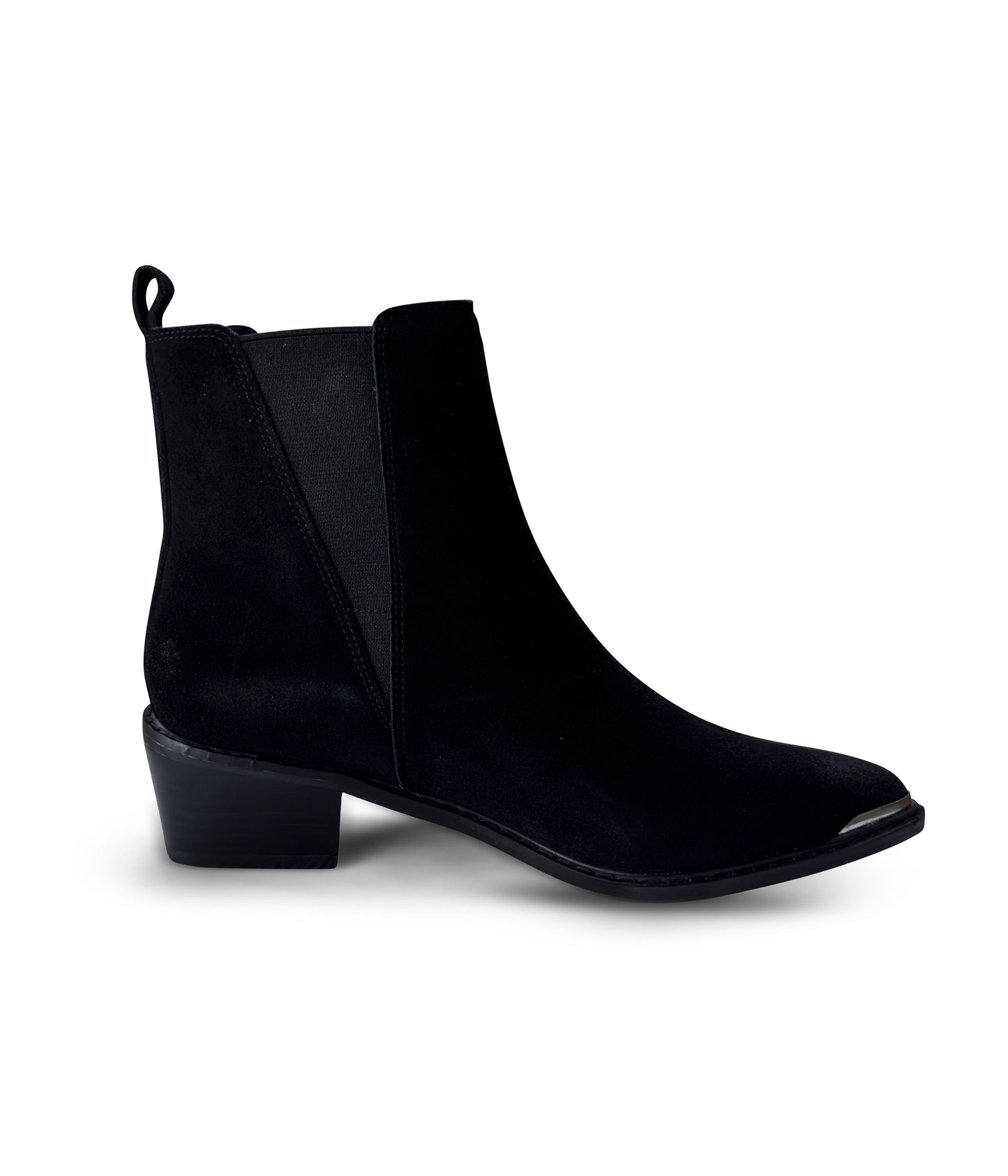 Women's black ankle booties made of genuine suede with a leather lining, featuring a slight pointed toe with a silver accent, 1.5-inch heel, pull-on style with elastic side panels and a pull tab. 