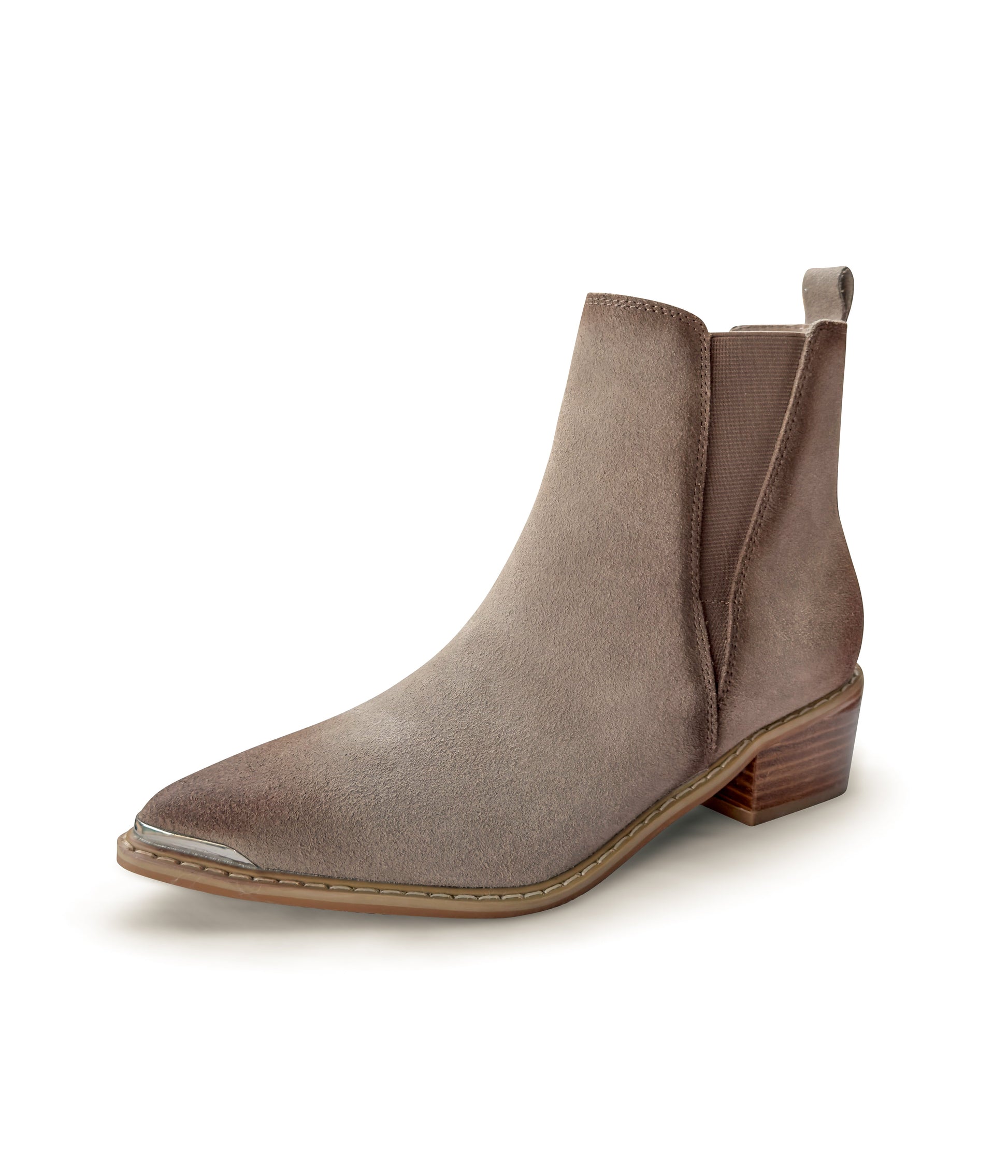 Women's taupe ankle booties made of genuine suede with a leather lining, featuring a slight pointed toe with a silver accent, 1.5-inch heel, pull-on style with elastic side panels and a pull tab. 