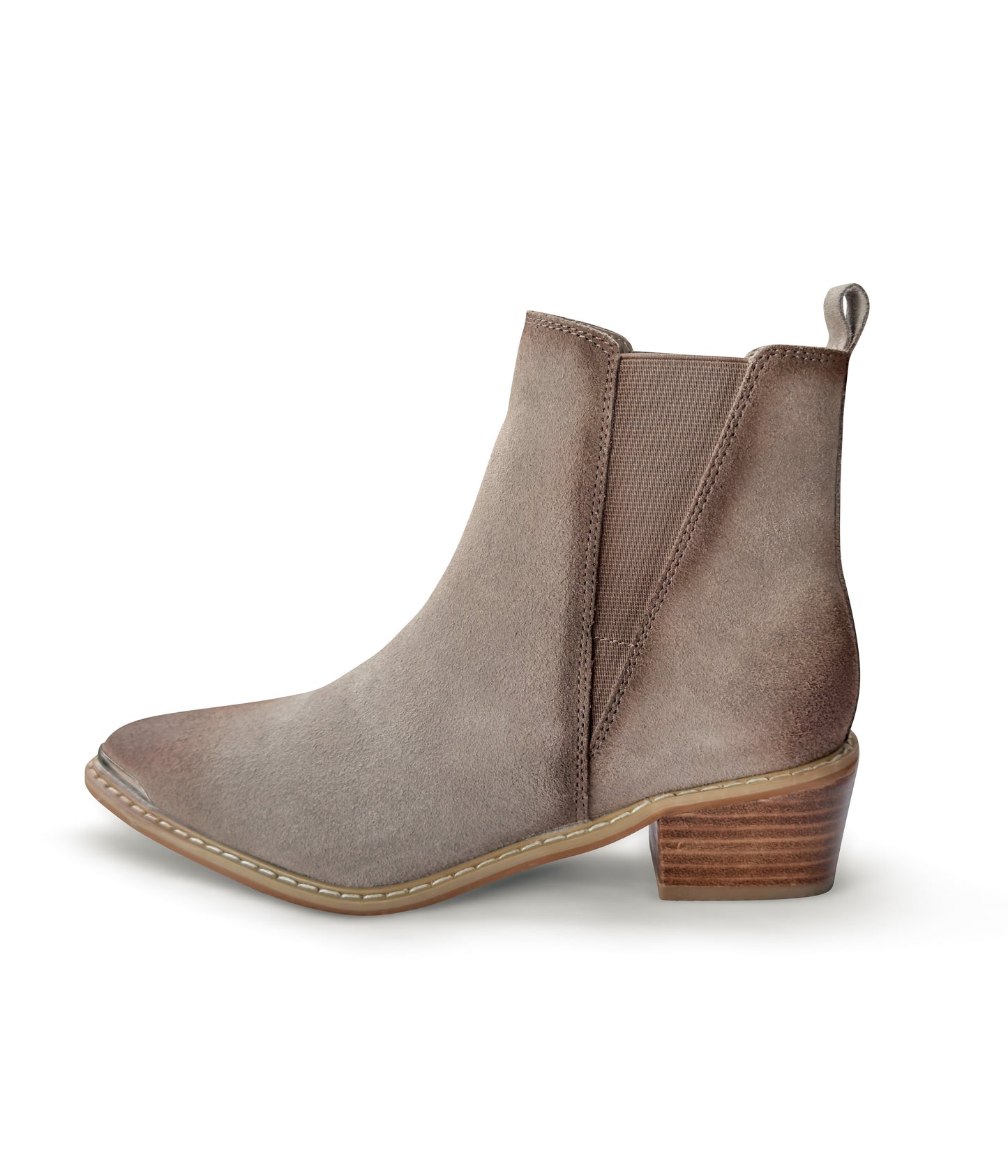 Women's taupe ankle booties made of genuine suede with a leather lining, featuring a slight pointed toe with a silver accent, 1.5-inch heel, pull-on style with elastic side panels and a pull tab. 