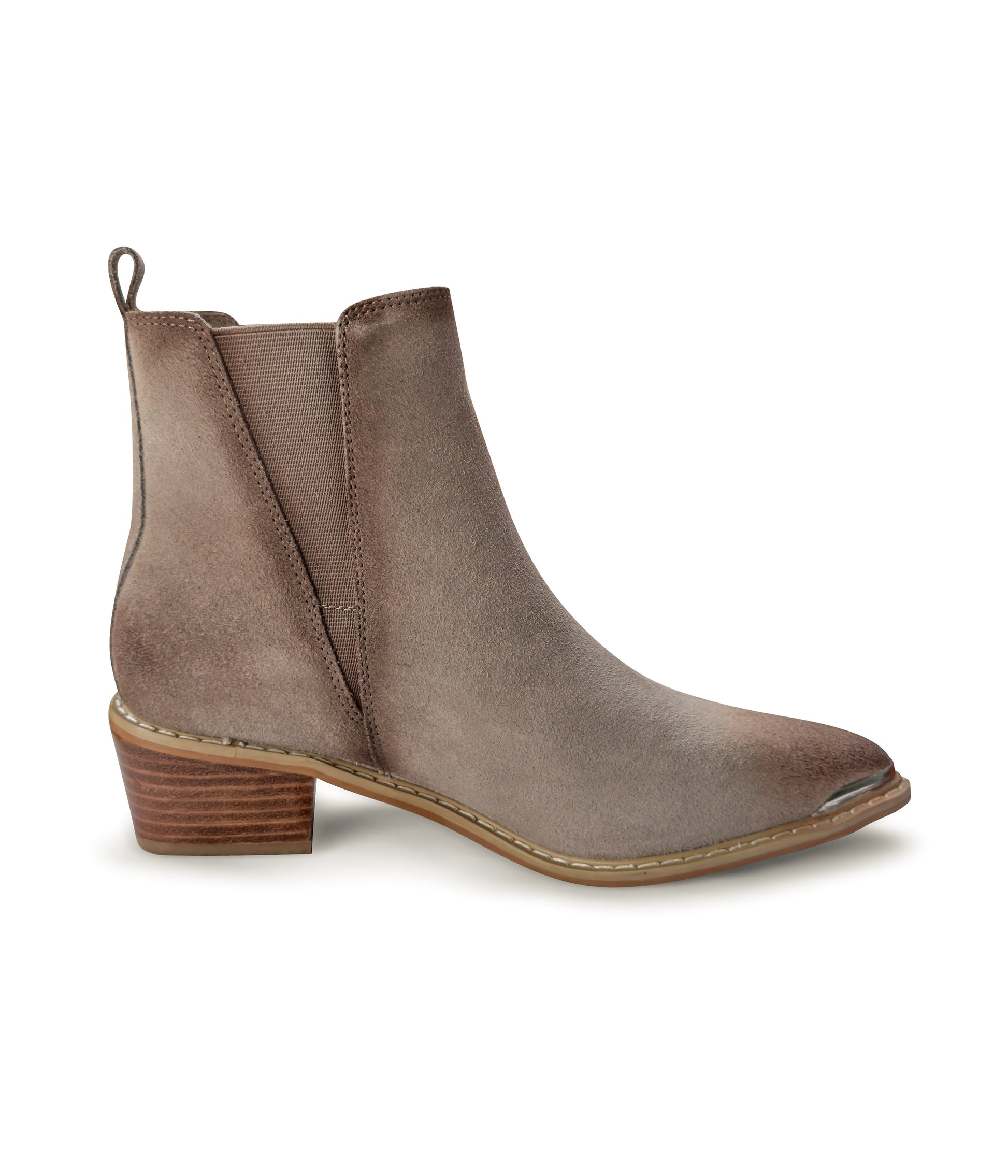 Women's taupe ankle booties made of genuine suede with a leather lining, featuring a slight pointed toe with a silver accent, 1.5-inch heel, pull-on style with elastic side panels and a pull tab. 