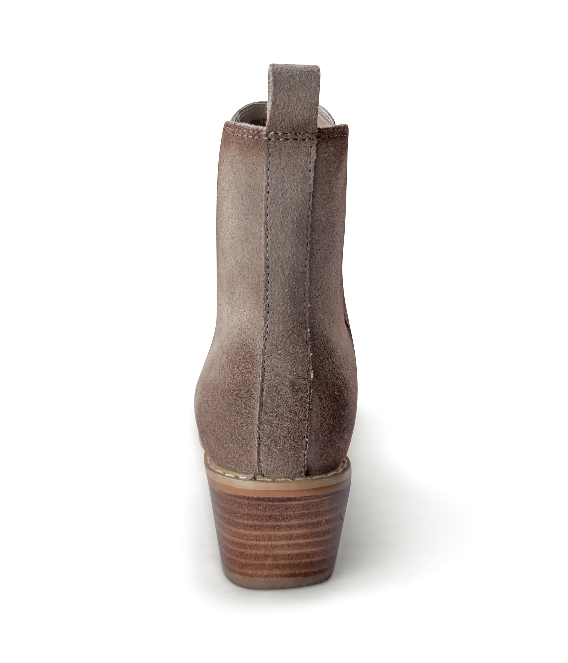 Women's taupe ankle booties made of genuine suede with a leather lining, featuring a slight pointed toe with a silver accent, 1.5-inch heel, pull-on style with elastic side panels and a pull tab. 