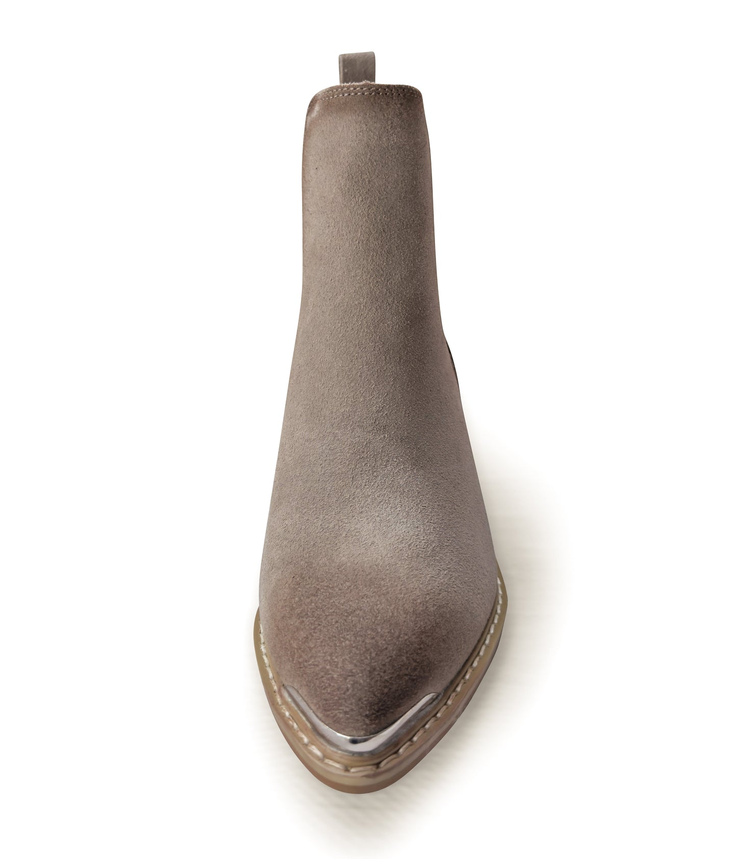 Women's taupe ankle booties made of genuine suede with a leather lining, featuring a slight pointed toe with a silver accent, 1.5-inch heel, pull-on style with elastic side panels and a pull tab. 