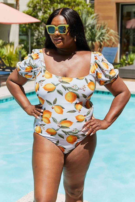 Trinity Beach Puff Sleeve One-Piece in Citrus Orange By Marina West Swim