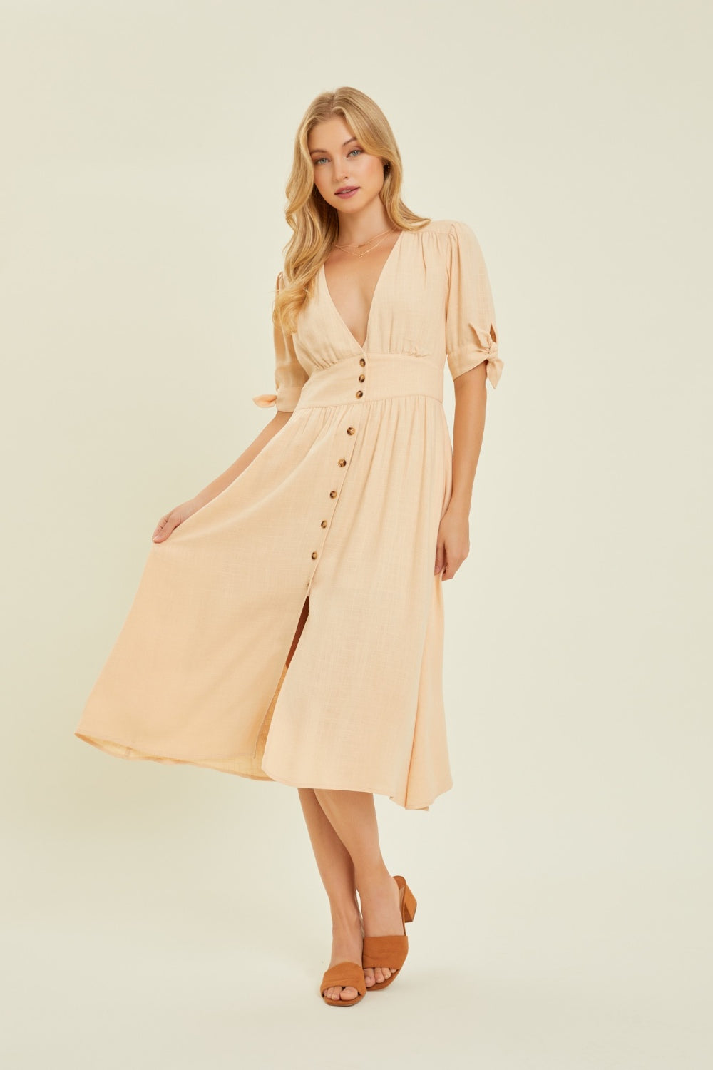 Harrison Full Size Textured Linen Button-Down Midi Dress