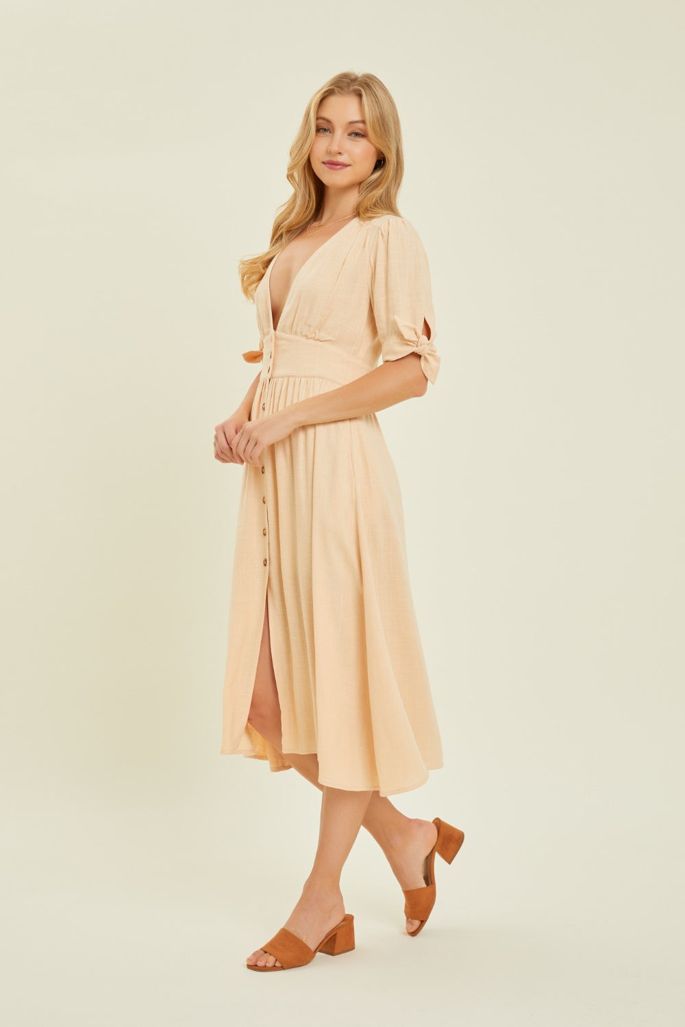 Harrison Full Size Textured Linen Button-Down Midi Dress