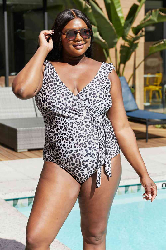 Mindil Leopard Print Ruffle Faux Wrap One-Piece in Cat By Marina West Swim