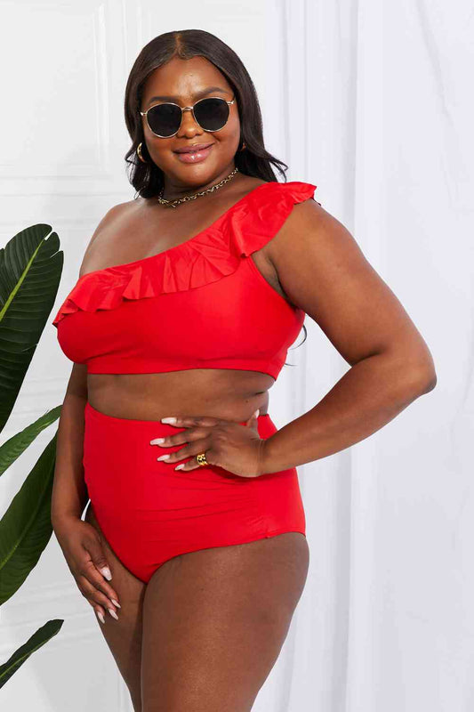 Nissi Ruffle One-Shoulder Bikini in Red By Marina West Swim