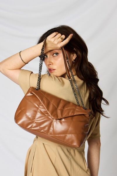 Fey Brown Vegan Leather Chain Handbag By Shomico