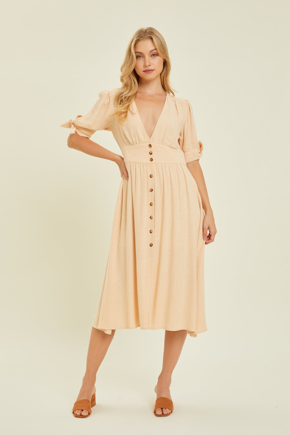 Harrison Full Size Textured Linen Button-Down Midi Dress