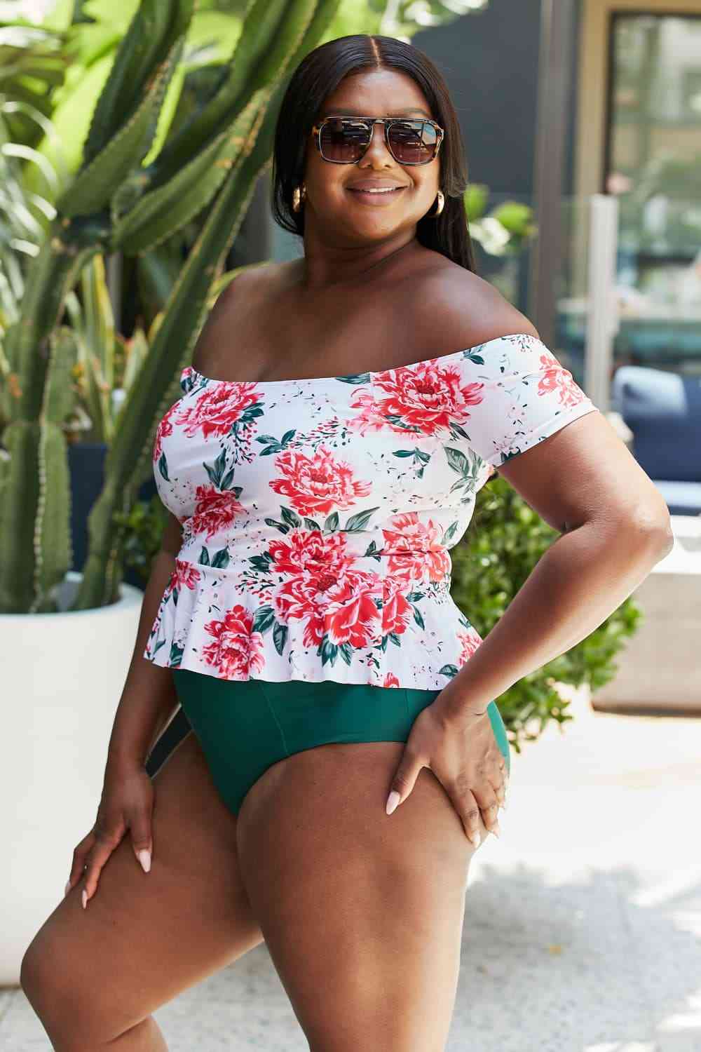 Peony print tankini swimsuit set with an off-shoulder top and ruffle details, paired with high-waisted bottoms.