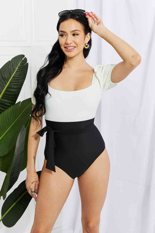 Brela Salty Air Puff Sleeve One-Piece in Cream/Black By Marina West Swim