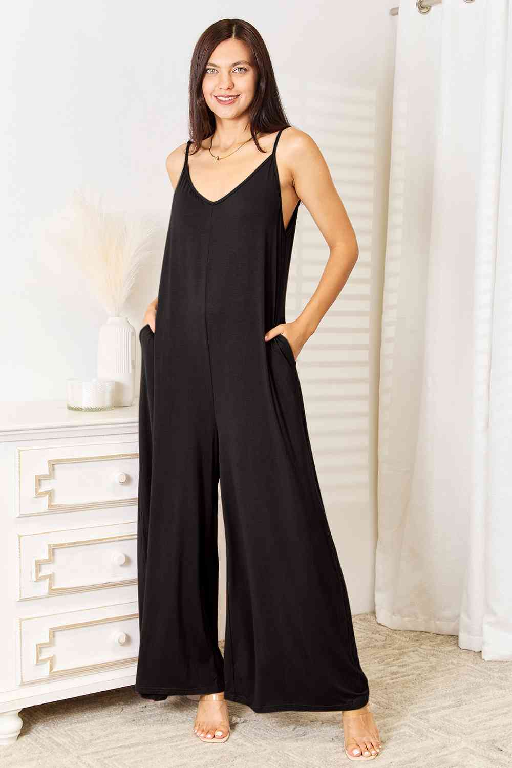 Karagin Spaghetti Strap Tied Wide Leg Jumpsuit