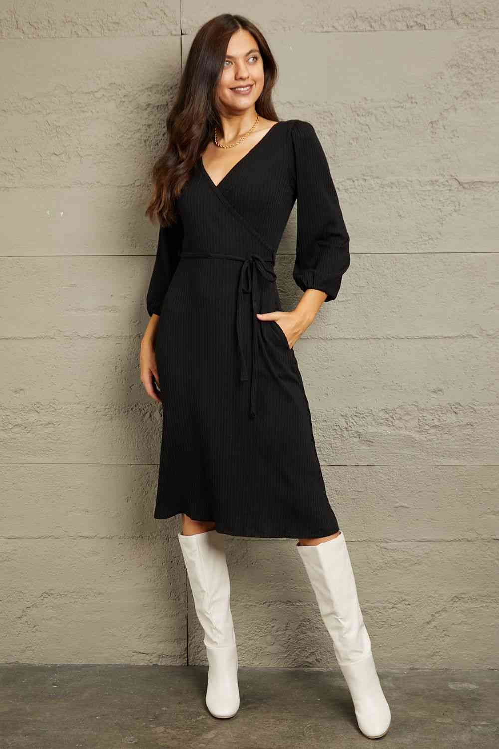 Fatima Full Size Surplice Flare Ruching Dress