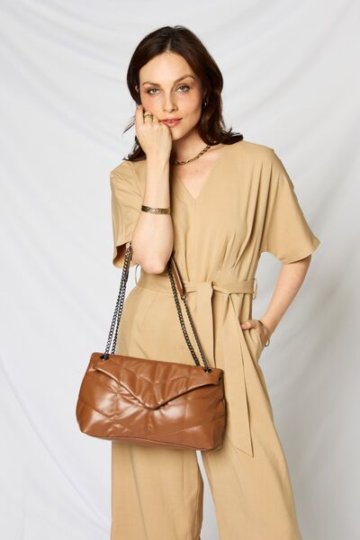 Fey Brown Vegan Leather Chain Handbag By Shomico